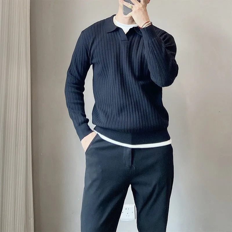 Boys modal rabbit fur knitted pullover sweater with striped lapel and long sleeves