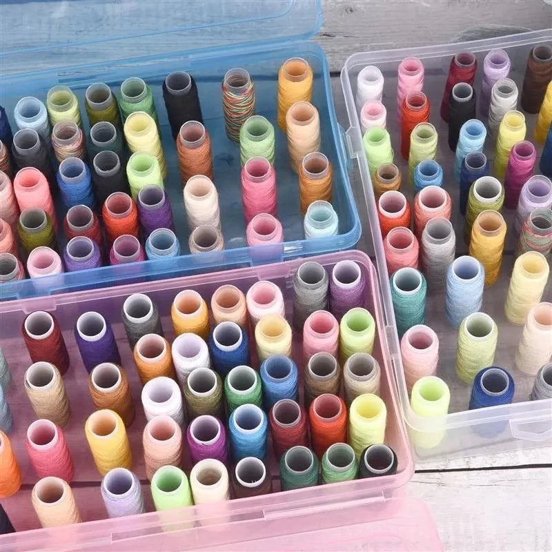 42-compartment plastic storage box for embroidery supplies in transparent, pink, or blue colour options.
