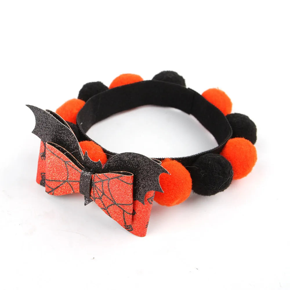 Halloween pet collar with fluffy fur ball accessory in pumpkin design, shown in size M