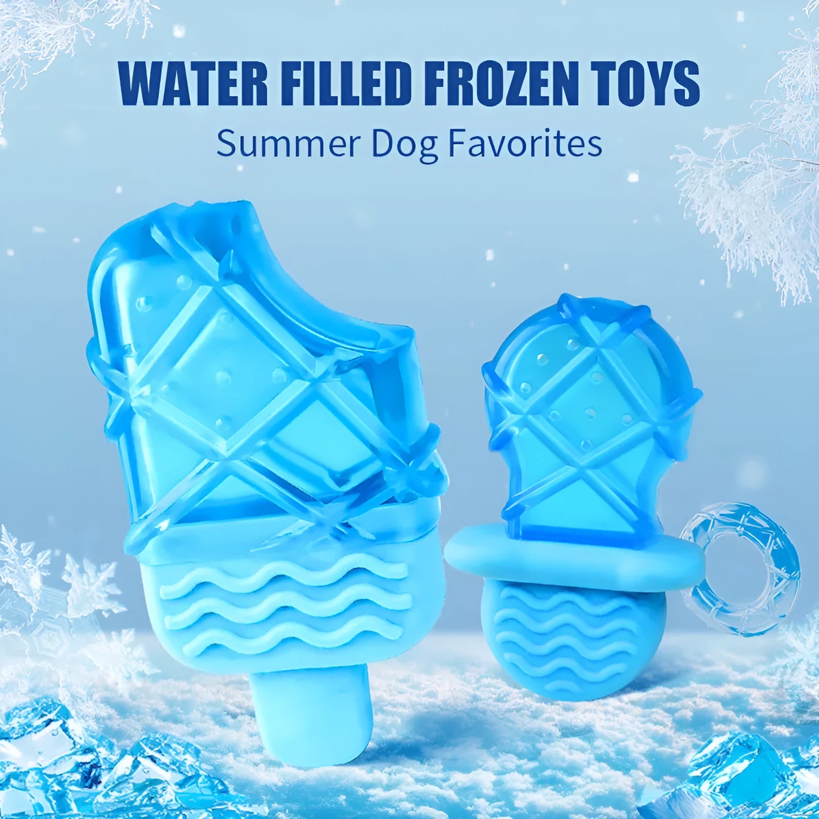 Set of three hollow silicone dog toys: a blue pacifier, a red popsicle, and a green ring for filling with water and freezing.