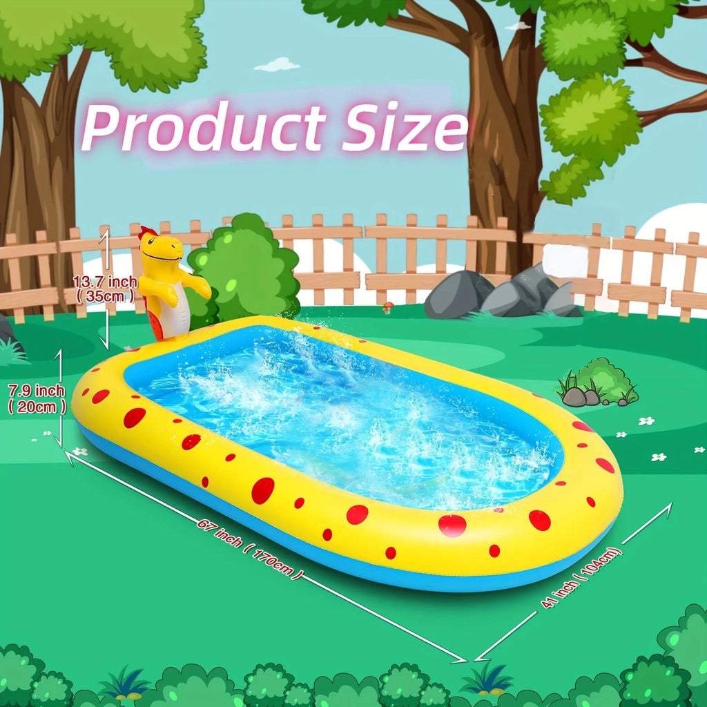 Blue dinosaur-themed inflatable water play pool with spray features for children's outdoor use