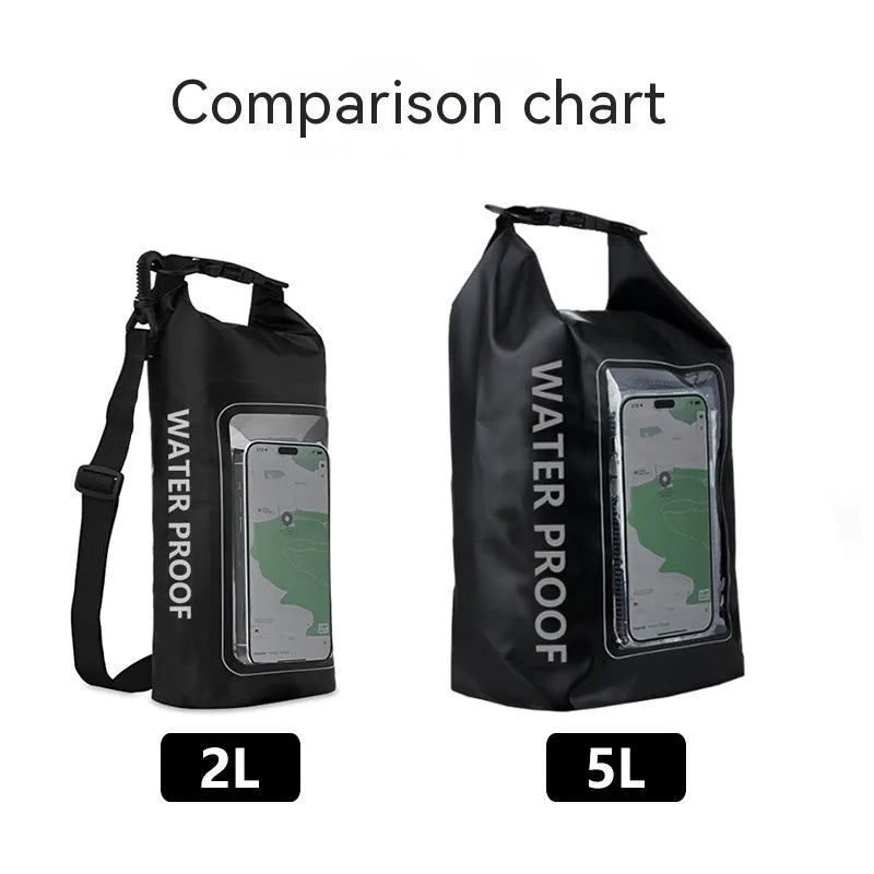 Black waterproof crossbody PVC bag for mobile phones, shown in 2L and 5L sizes.