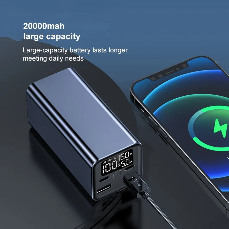 Black high power laptop charging bank showing metal case with 65W output and 20000mAh capacity.