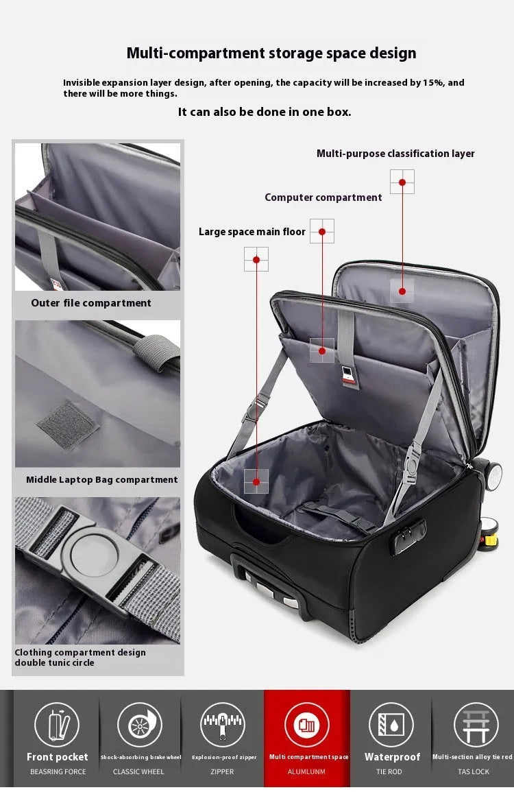 18-inch black business luggage with Oxford cloth construction and universal wheels