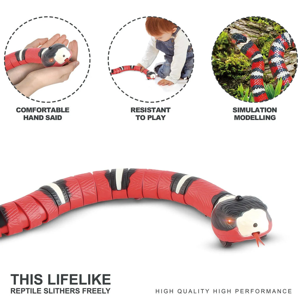 Smart sensing electronic snake cat toy with segmented plastic body and USB charging cable.