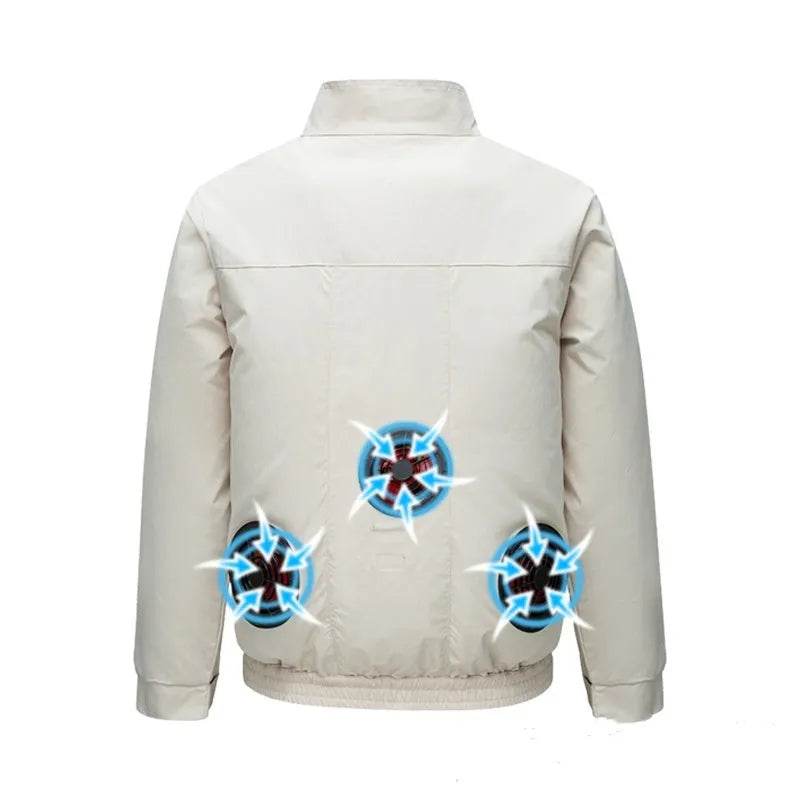 Man's black cooling work jacket with chest ventilation holes for a fan on a mannequin.