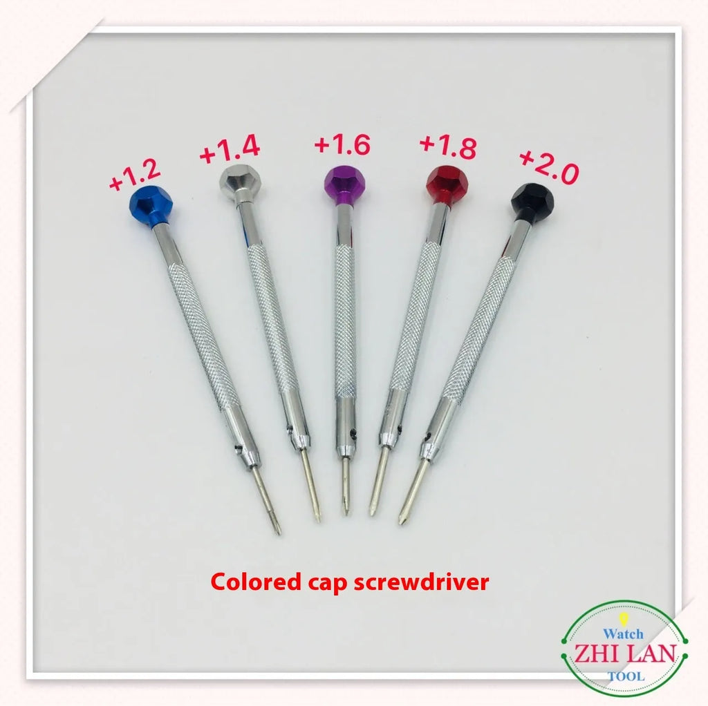 Six colour-coded watch repair screwdrivers with aluminium handles and steel cutter heads