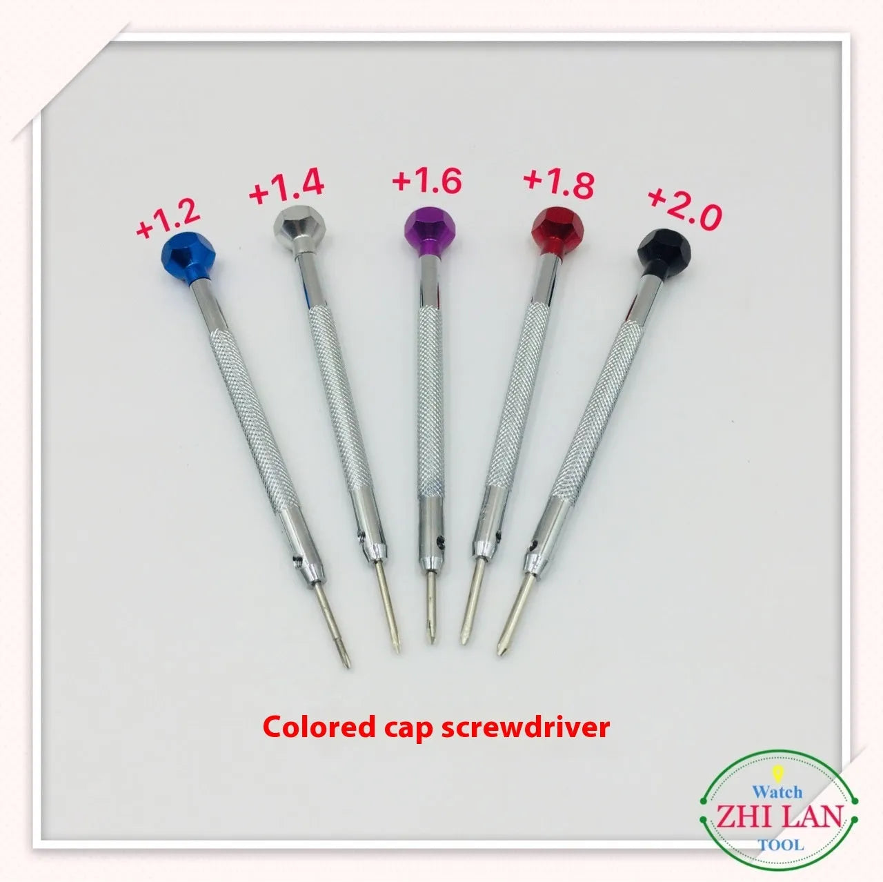 Six colour-coded watch repair screwdrivers with aluminium handles and steel cutter heads
