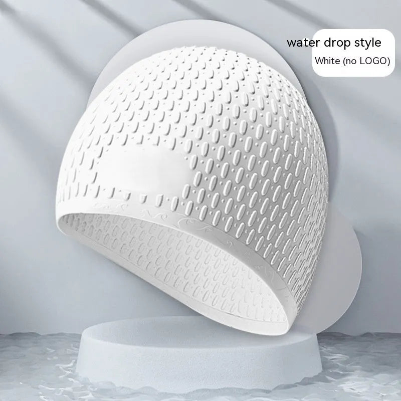 Silicone adult swimming cap with water drop texture in solid colour options on white background.