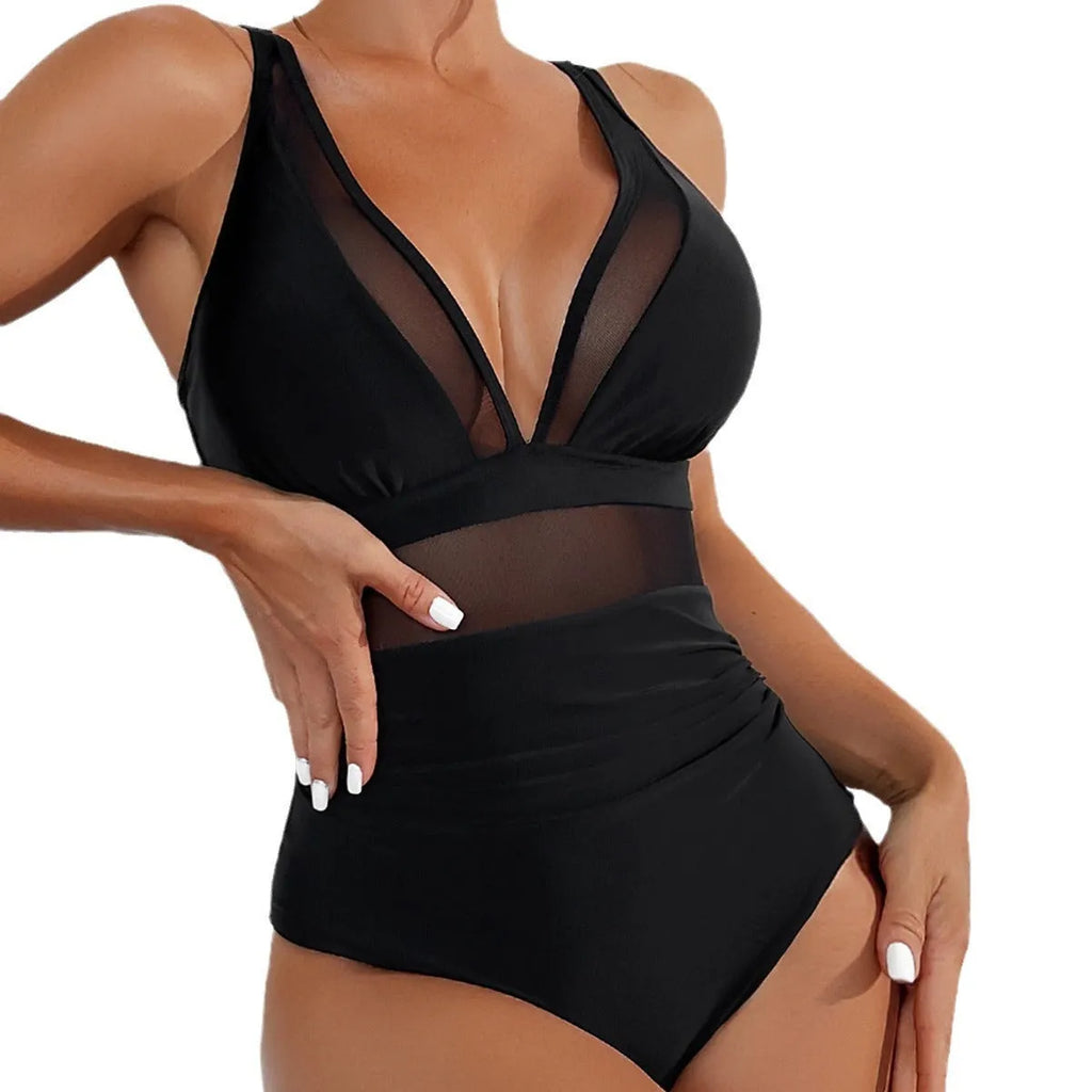 Black mesh halter one-piece swimsuit with briefs cut and sleeveless design