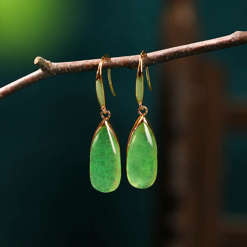 Copper Chinese style geometric earrings with water droplet elements in electroplated jade colour
