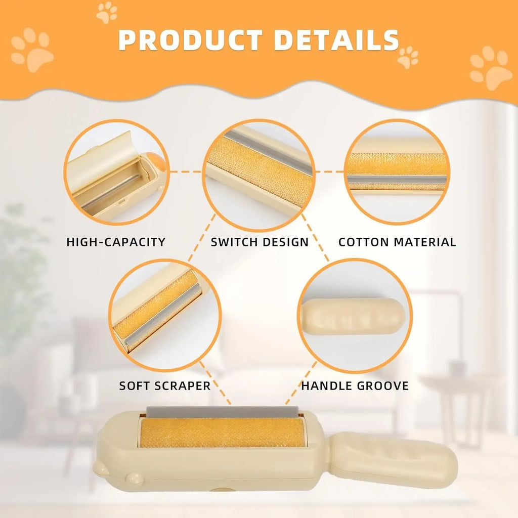 Blue reusable pet hair remover roller for furniture and car seats on a grey sofa