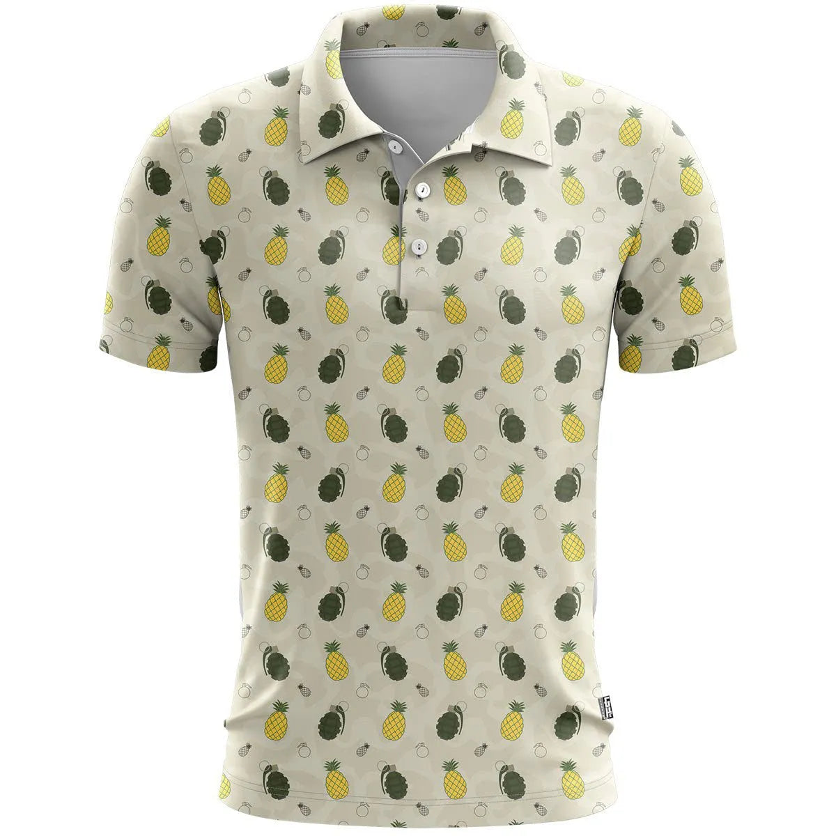 3D printed pattern sports short sleeve loose fit top in bird eye polyester fabric on a hanger.