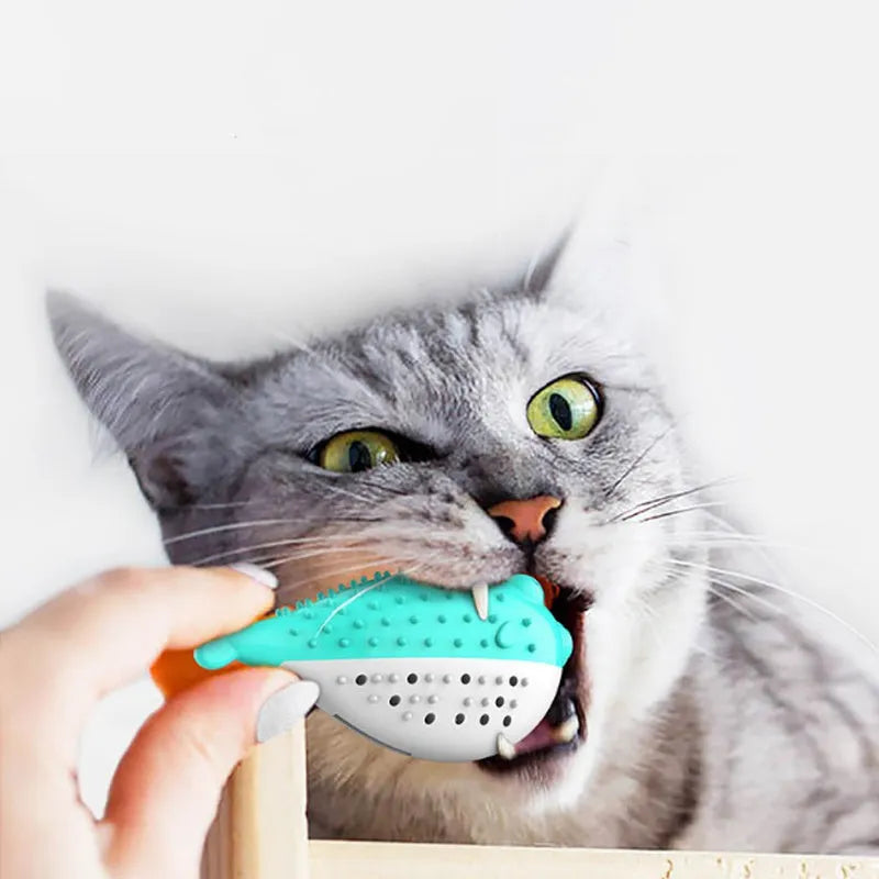 Silicone fish-shaped cat chew toy in blue, measuring 12.2 cm long for interactive play and teeth cleaning