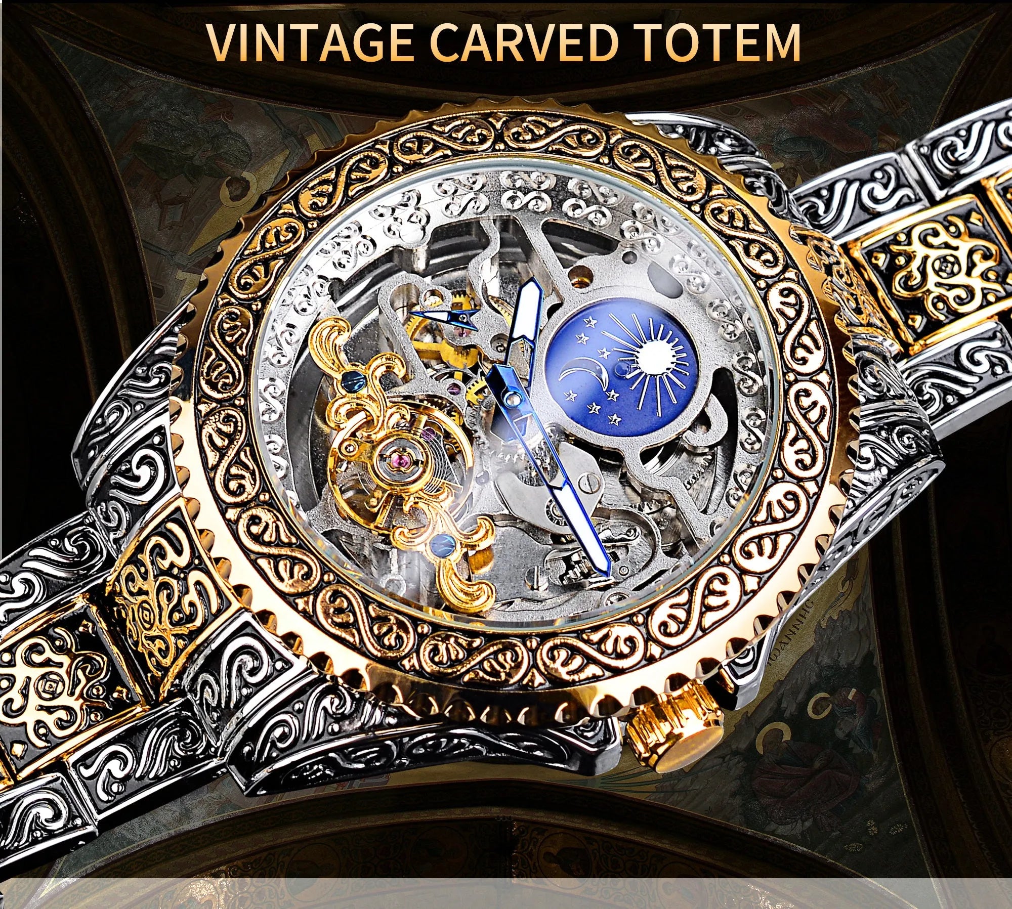 Forsining yellow skeleton tourbillon mechanical watch with stainless steel case and automatic movement