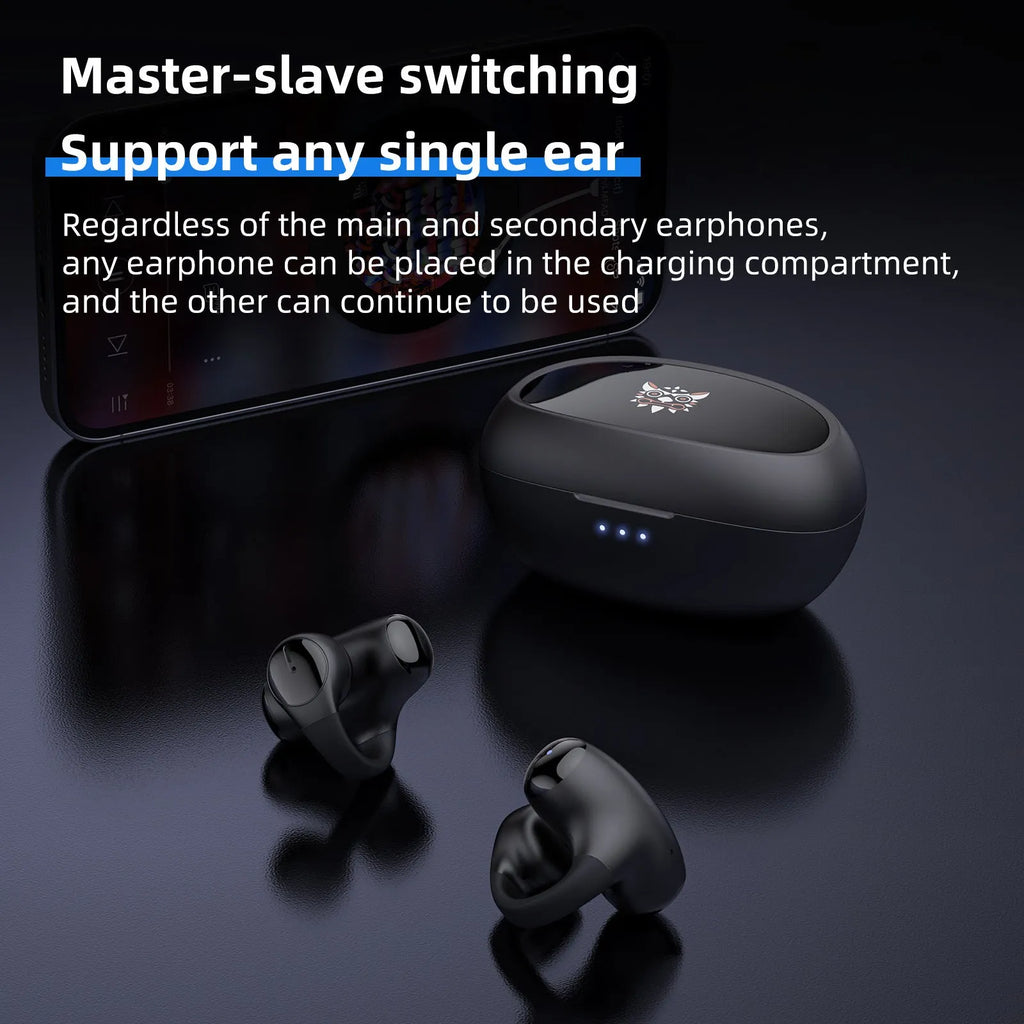 T306 black wireless Bluetooth gaming earphones with clip-on ear-hook design for sports use