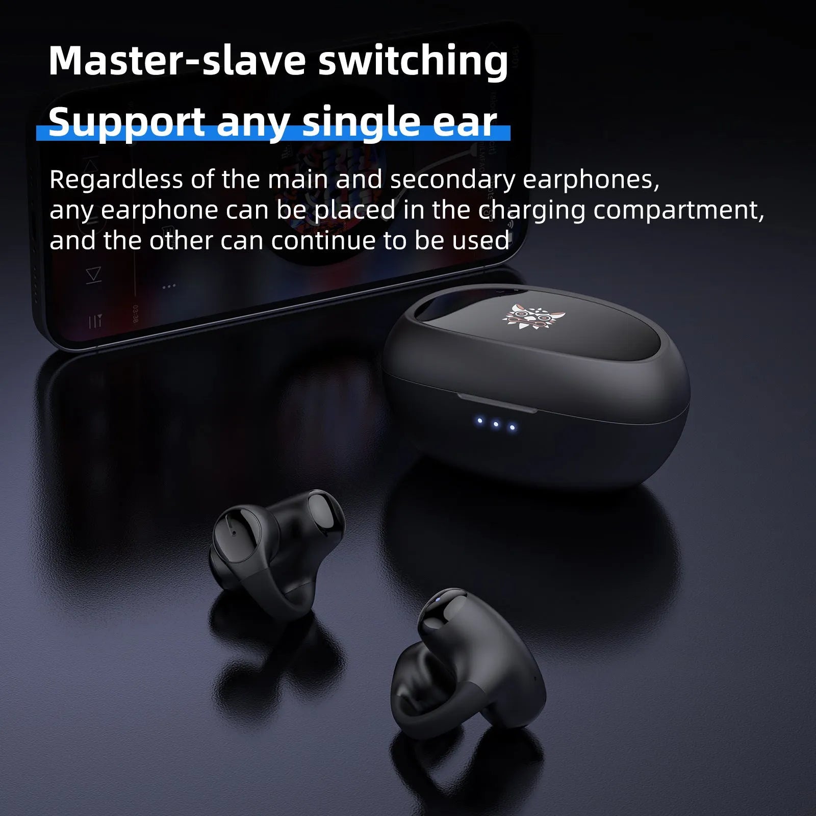 T306 black wireless Bluetooth gaming earphones with clip-on ear-hook design for sports use