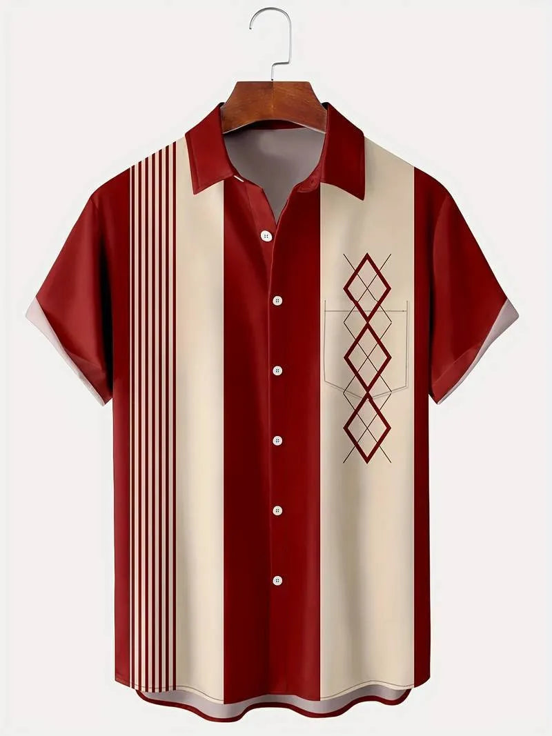 Man wearing plaid loose fit short sleeve shirt with lapel collar in cardigan style