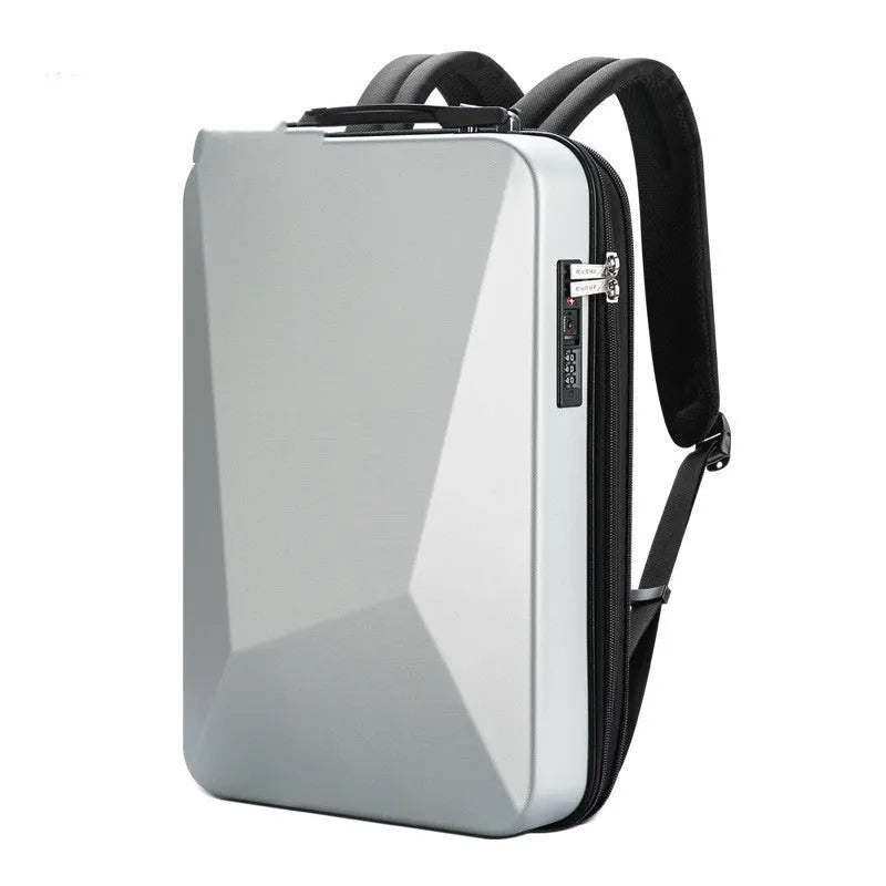 Hard-shell PC gaming backpack with lock showing internal organisation compartments and double shoulder straps