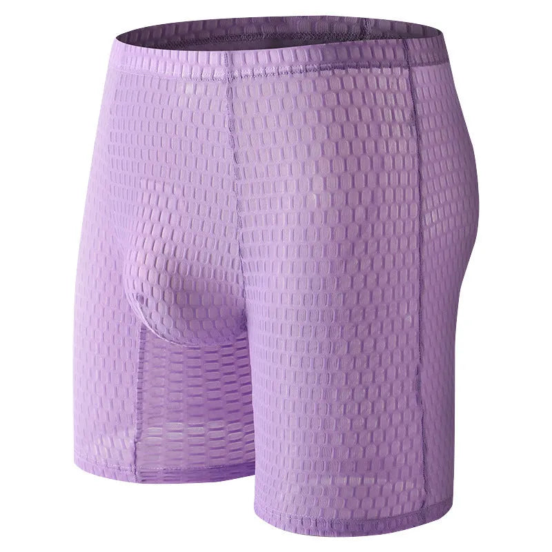 Men's solid colour lace boxer shorts for shaping, shown in multiple colours including rose red and black.