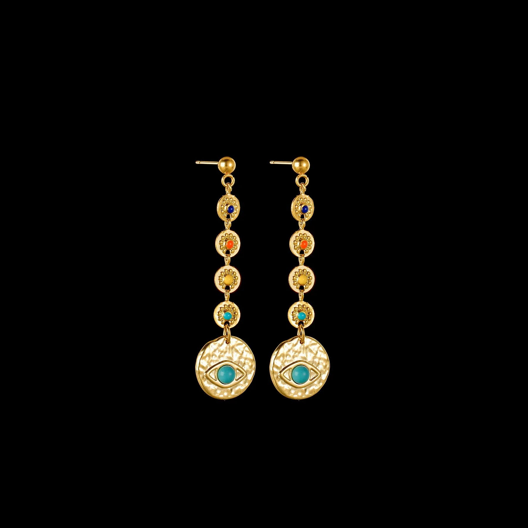 Stainless steel geometric earrings showing eight Awn XINGX, eye, and shell sun designs.