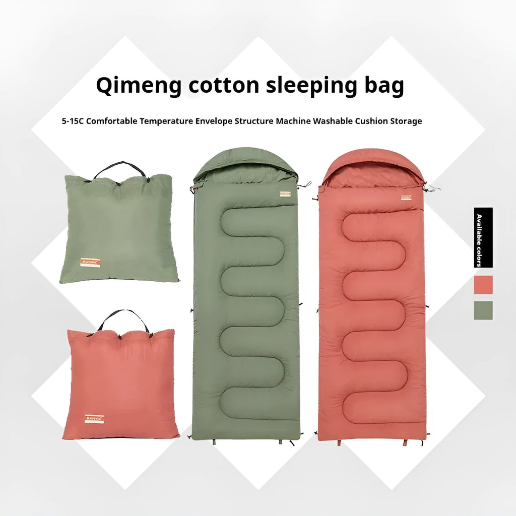 Cotton camping sleeping bag quilt in ochre or olive green colour folded for transport
