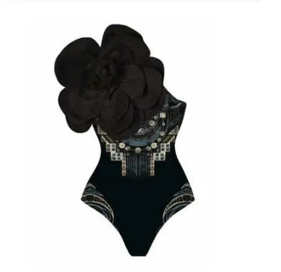 One-piece floral swimsuit on a hanger with optional matching skirt, showing European and American fit.