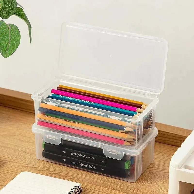 Transparent plastic stationery storage box for pencils and children's art supplies