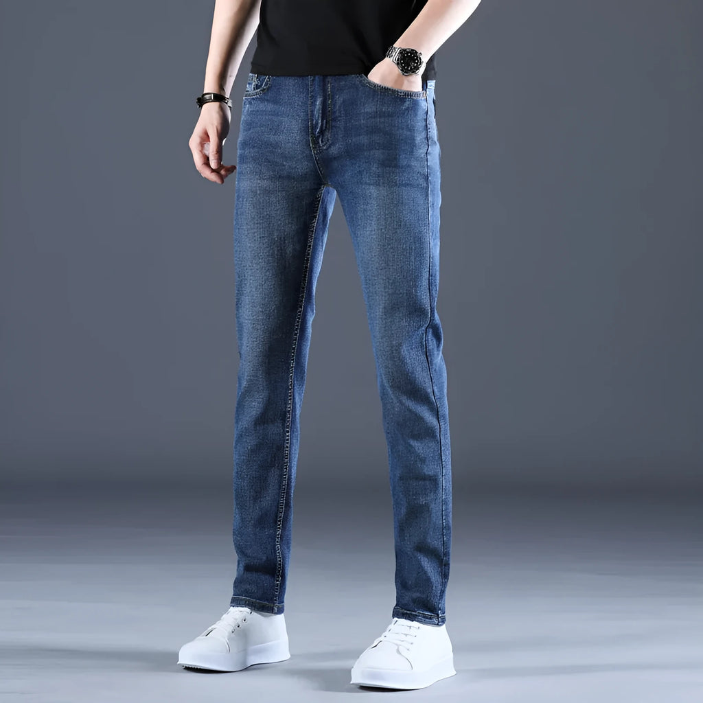 Summer thin men's cotton straight slim stretch casual trousers in 816 blue with mid waist