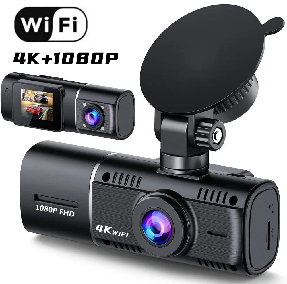 Black dual-channel dash cam on a car windscreen with front and rear recording, 1.5-inch screen.