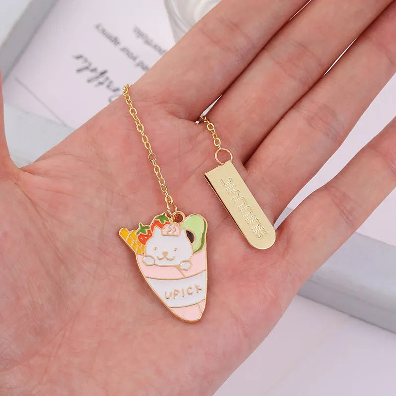 Jane Lime foodie cat metal bookmark with cartoon pendant in one of four food-themed designs