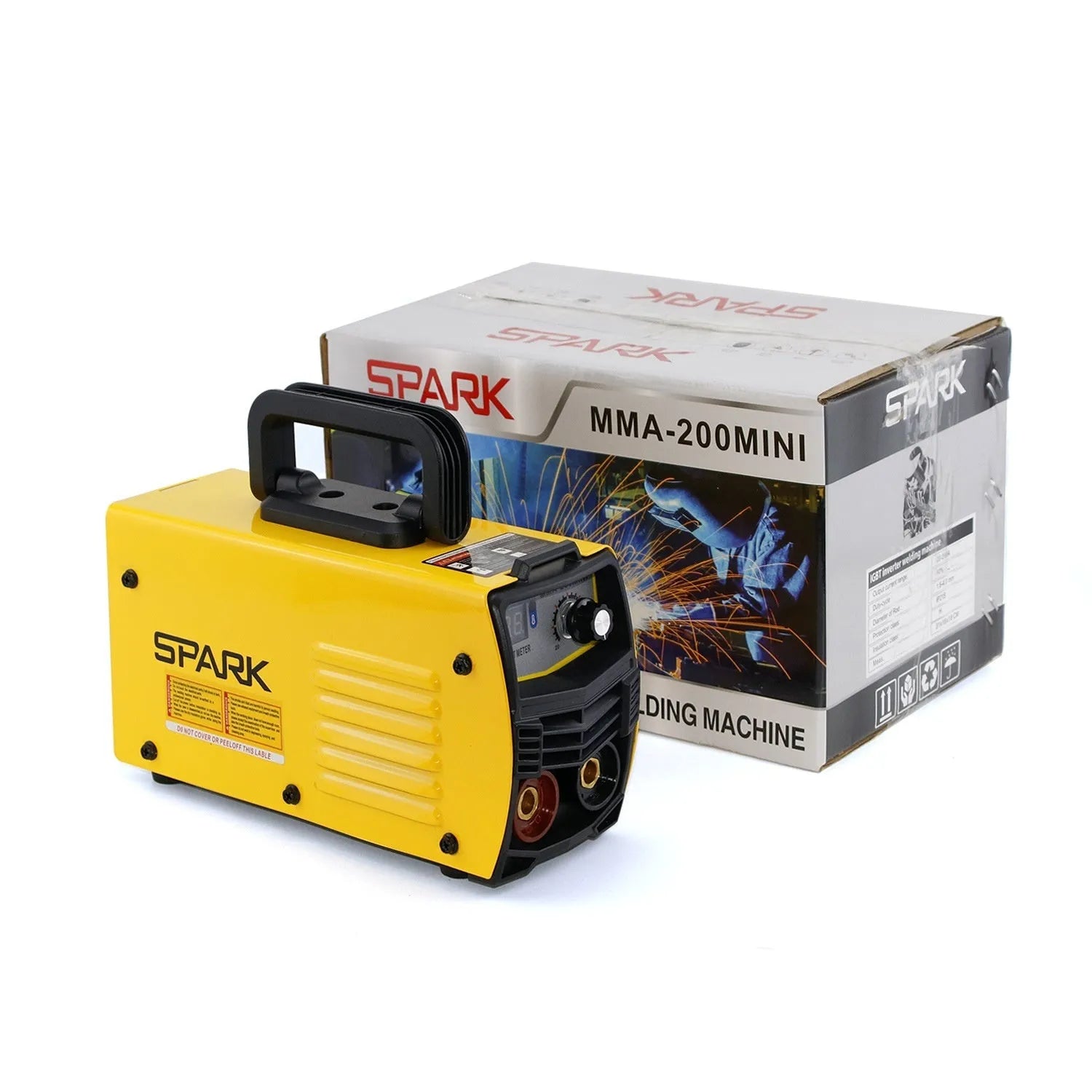 MMA-200MIN DC welding machine with welding tongs, clamp, face shield, and brush hangers on workbench
