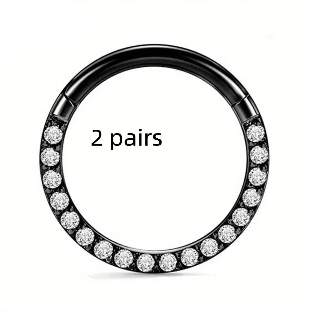 Stainless steel seamless nose rings showing steel, gold, rose gold, and black electroplated finishes with round design