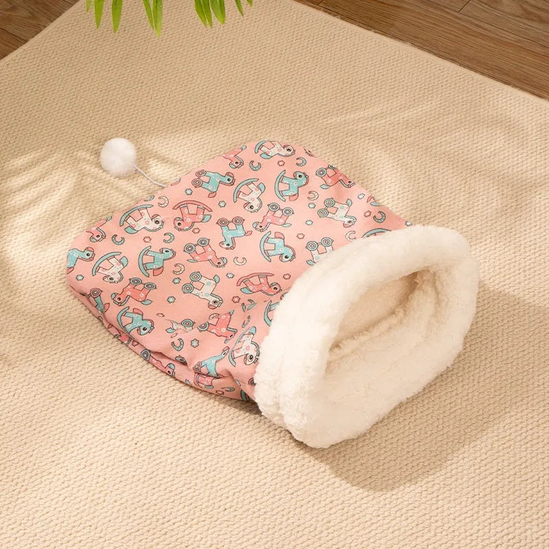 Flannel cat sleeping bag nest in blue rabbit design measuring 50 by 40 cm