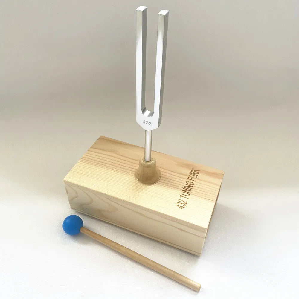 Aluminium alloy 432Hz tuning fork with integrated speaker in kraft paper packaging
