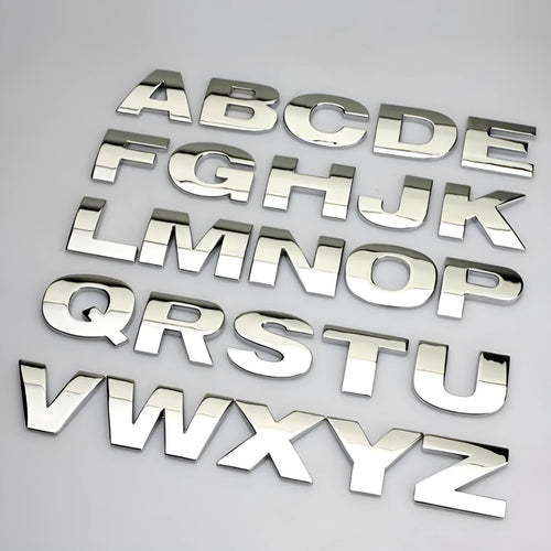 Metal car bumper stickers showing 3D raised English alphabet letters in silver finish