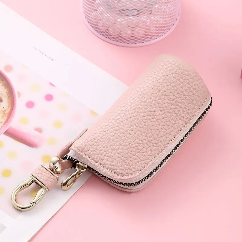 Black PU leather zipper key case showing expansion storage capacity
