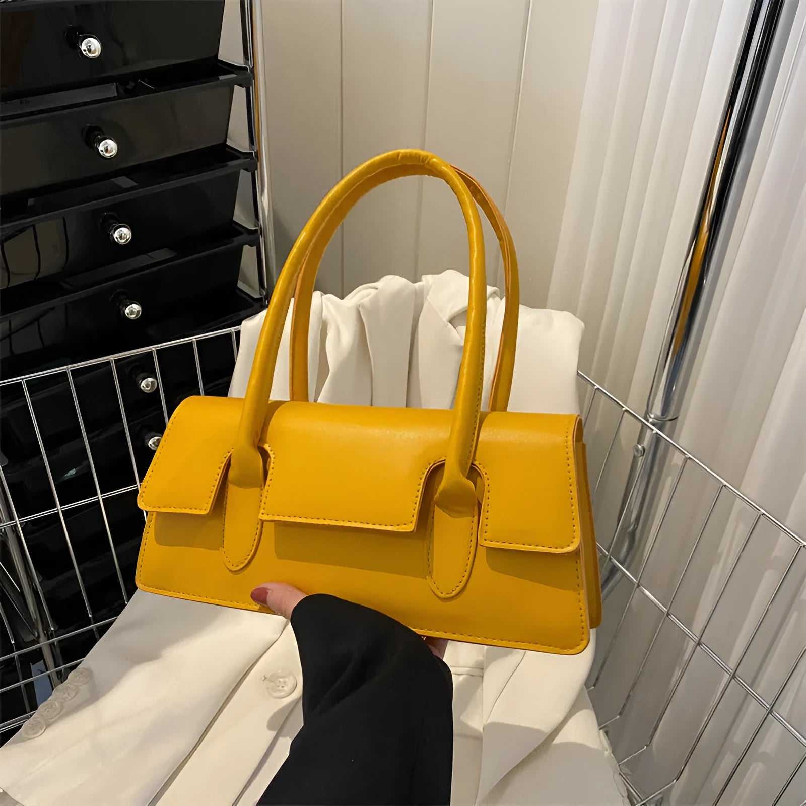 Women's small square PU shoulder bag with single strap in horizontal rectangular shape