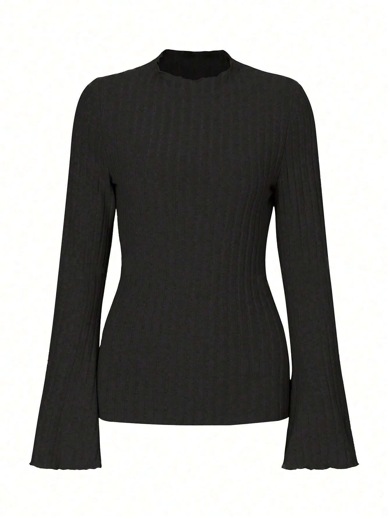 Black slim fit long sleeve top with round neck and lantern sleeves on a mannequin.