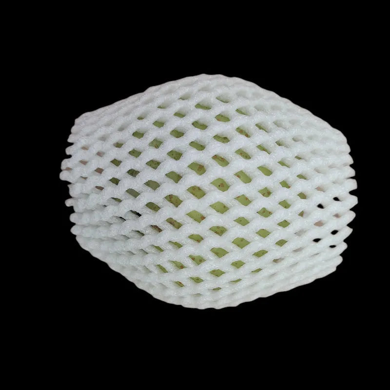 White foam and elastic net protective case for fruits, shown with size options for apples and pears.
