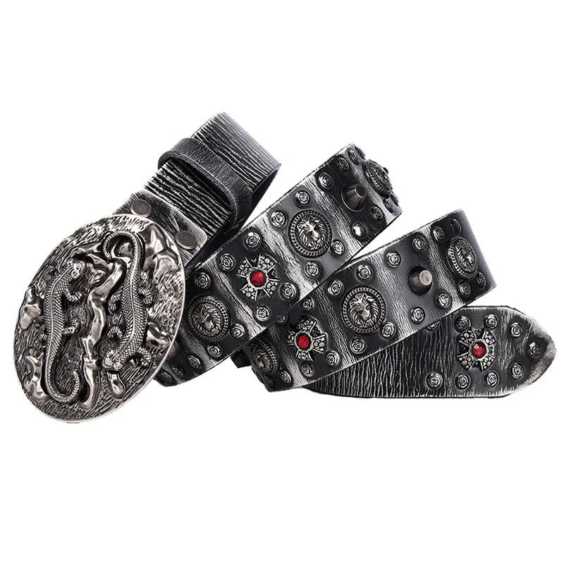Men's genuine leather belt with punk rivets and alloy buckle in a retro colour