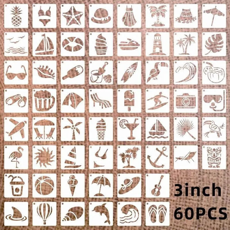 Milky white PET film stencil templates showing flower, leaf, ocean, animal, and letter designs for spray painting