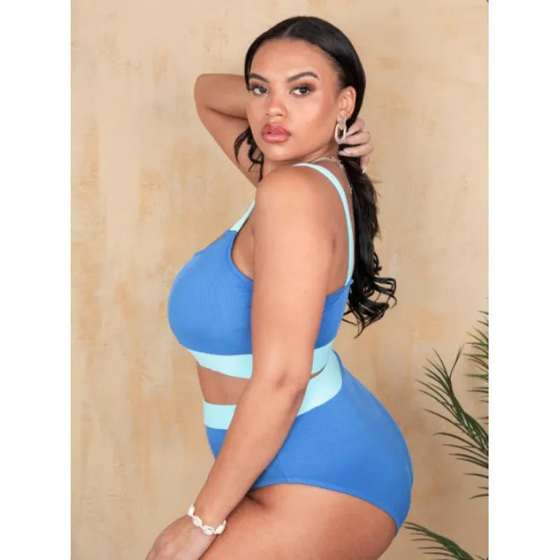 Women's high-waisted polyester bikini brief set in solid colour with stitching detail