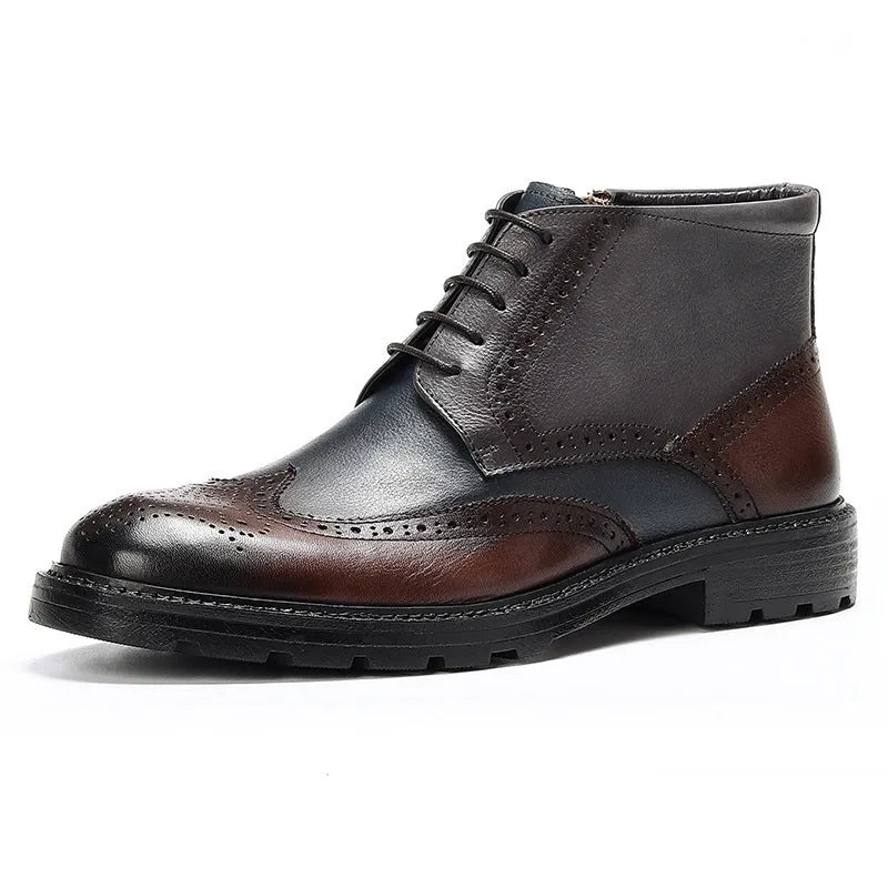 Men's coffee blue leather brogue boots with colour-blocking design and low square heel