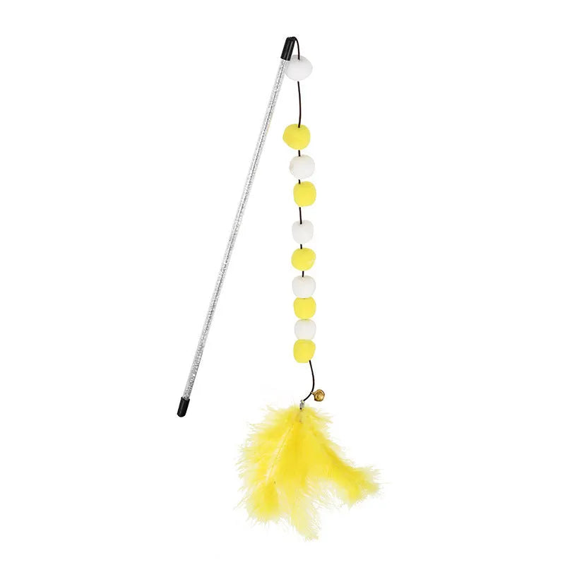 Set of four colourful cat teaser toy rods with feathers, pompons and bells.