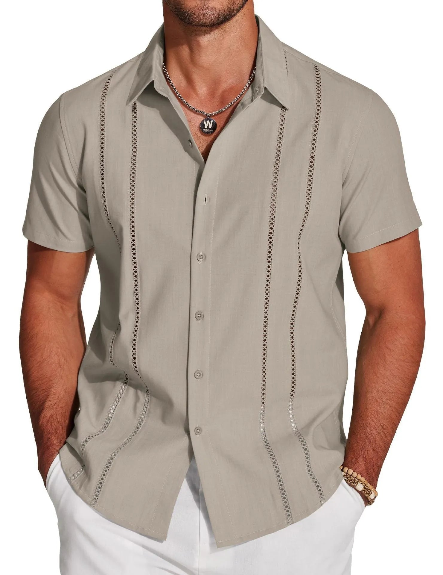 Men's slim fit short sleeve Hawaiian shirt with digital print pattern.