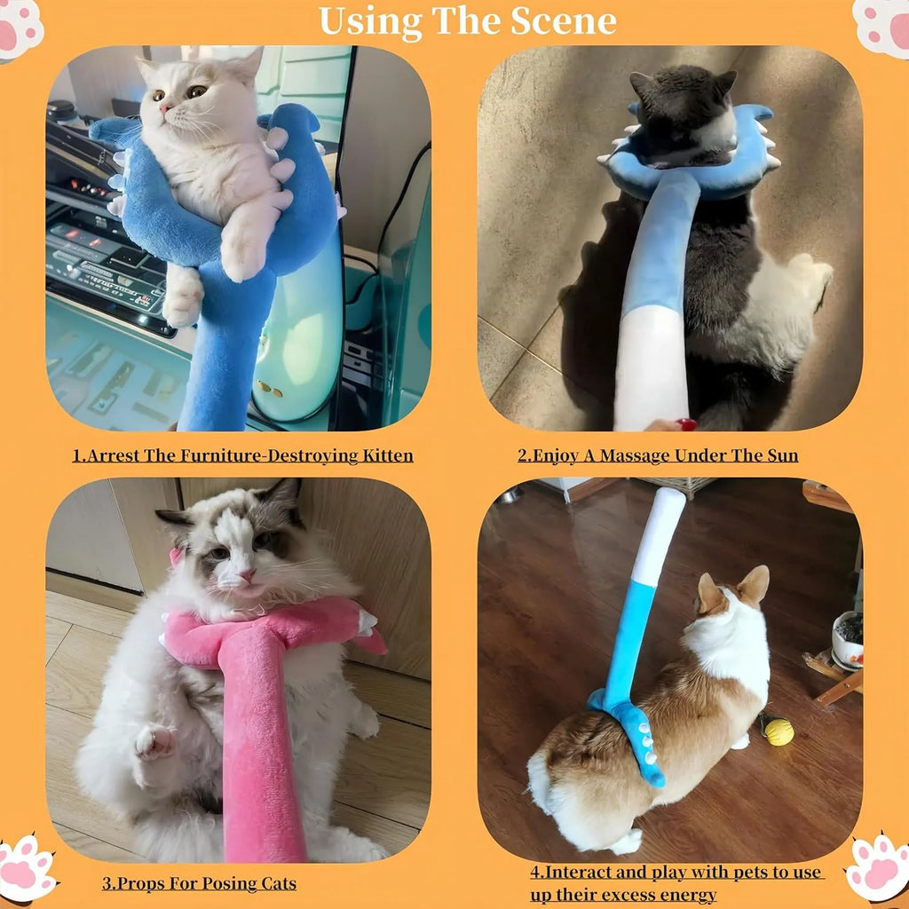 Blue and pink plush cat wand toy with a 70cm handle for interactive pet play.