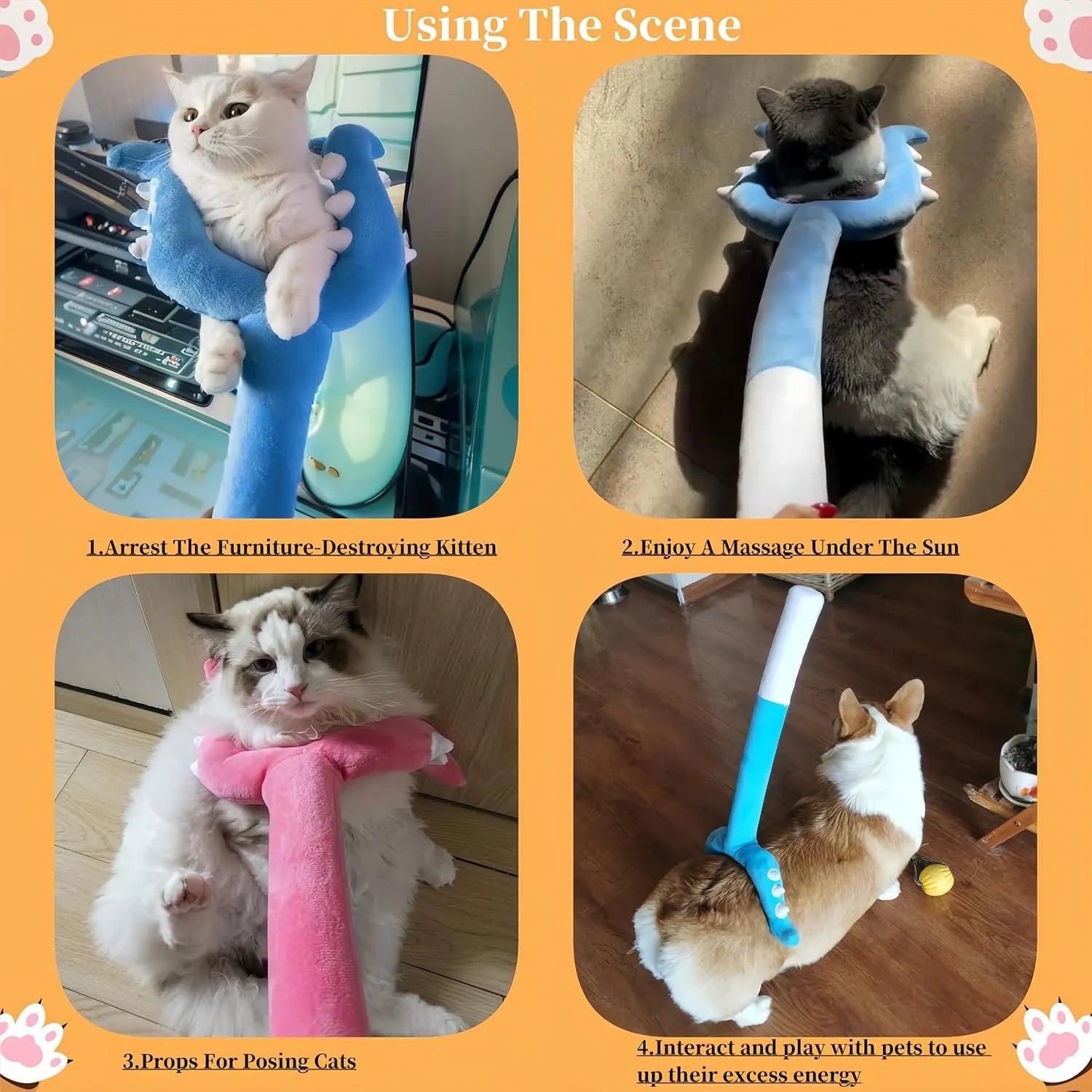 Blue and pink plush cat wand toy with a 70cm handle for interactive pet play.