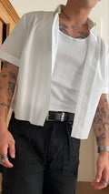 Men's white polyester short sleeve shirt with cropped length and plain design