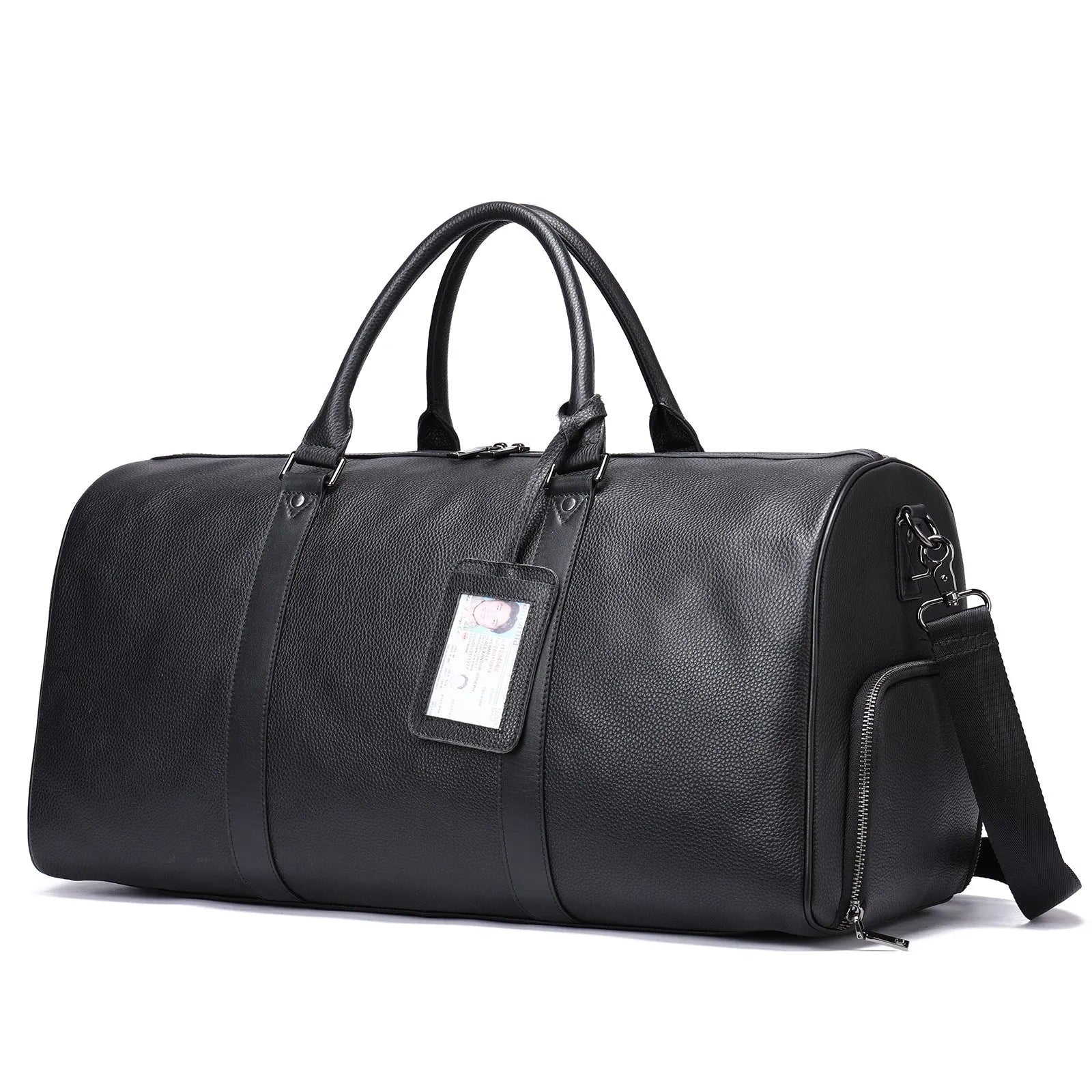 Men's black leather tote bag with single strap showing 44cm and 55cm size options